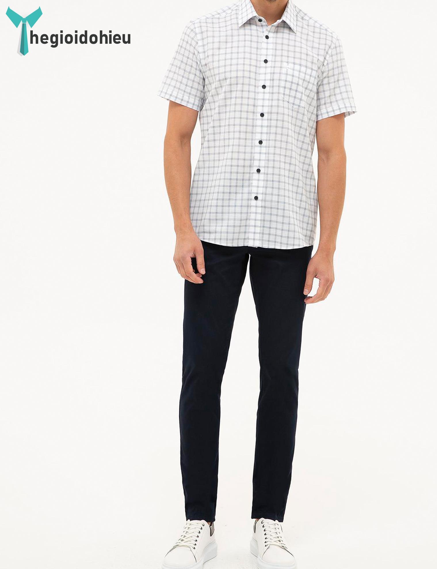 Áo sơ mi nam ngắn tay Pie Cardin PCShirt83 (Trắng caro nhỏ) - Hàng nhập khẩu - Có túi