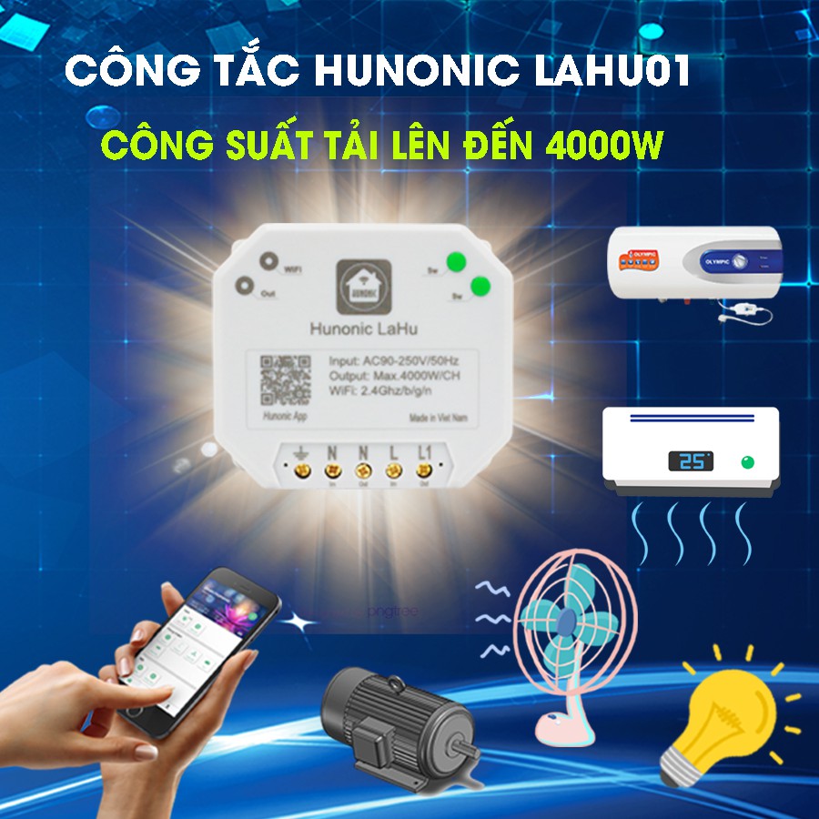 Công tắc thông minh Hunonic Lahu Chuyên dùng máy bơm, bình nóng lạnh . Công tắc cảm ứng WIFI hỗ trợ Google Assistant- Công tắc điện 2 màu đen trắng | Hàng Việt Nam Chất Lượng Cao- BH 12 tháng