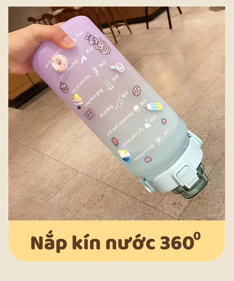 Bình đựng nước 2L dễ thương có vạch báo giờ uống nước - Tặng 10 sticker