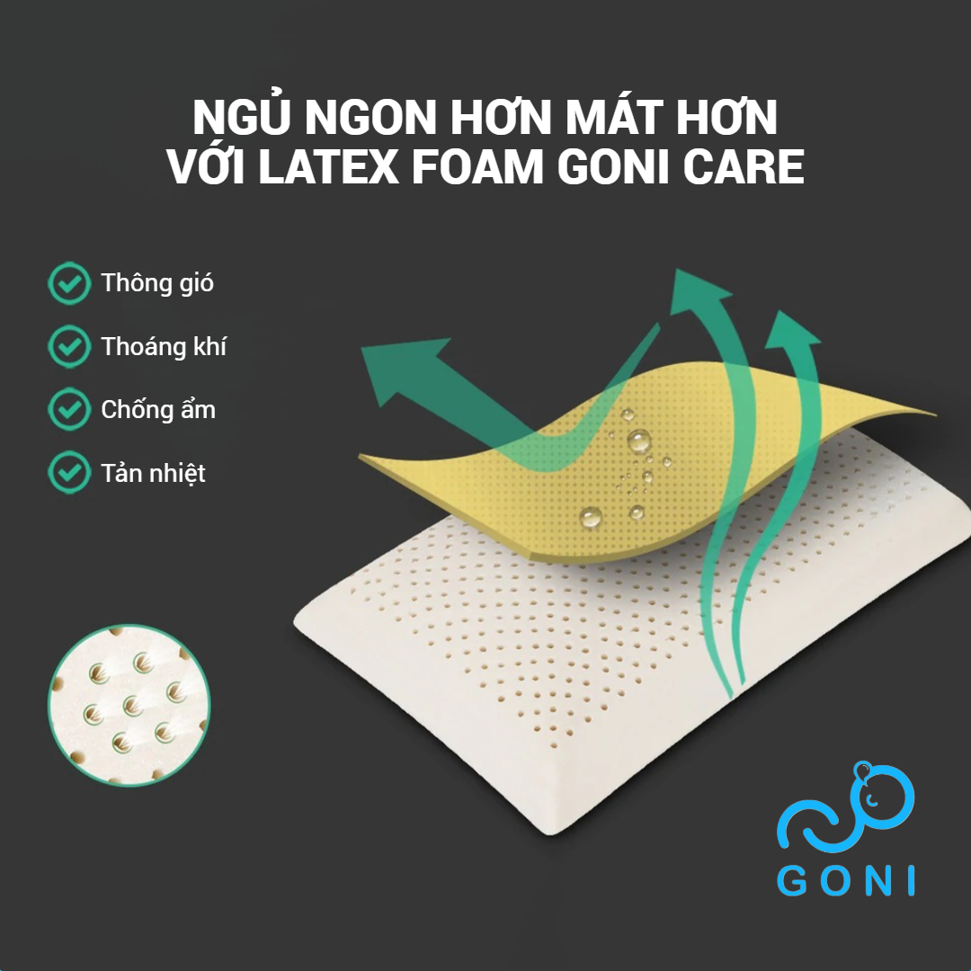 Gối Cao Su Latex Foam Goni Care 40x60cm Đàn Hồi Cao, Kháng Khuẩn, Thoáng Khí, Chống Đau Vai Gáy