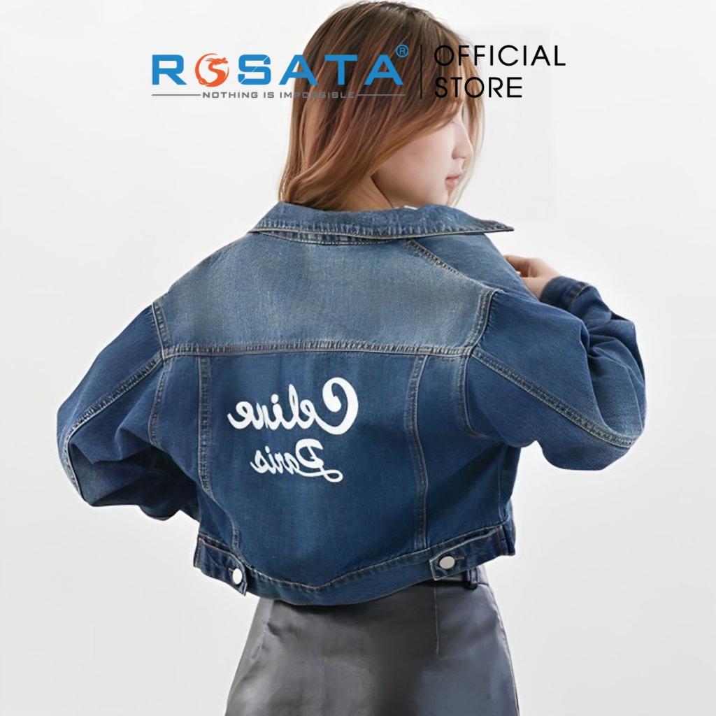 Áo khoác nữ ROSATA K32 croptop jeans túi hộp cài cúc cao cấp in chữ mặt sau tay dài thoáng khí