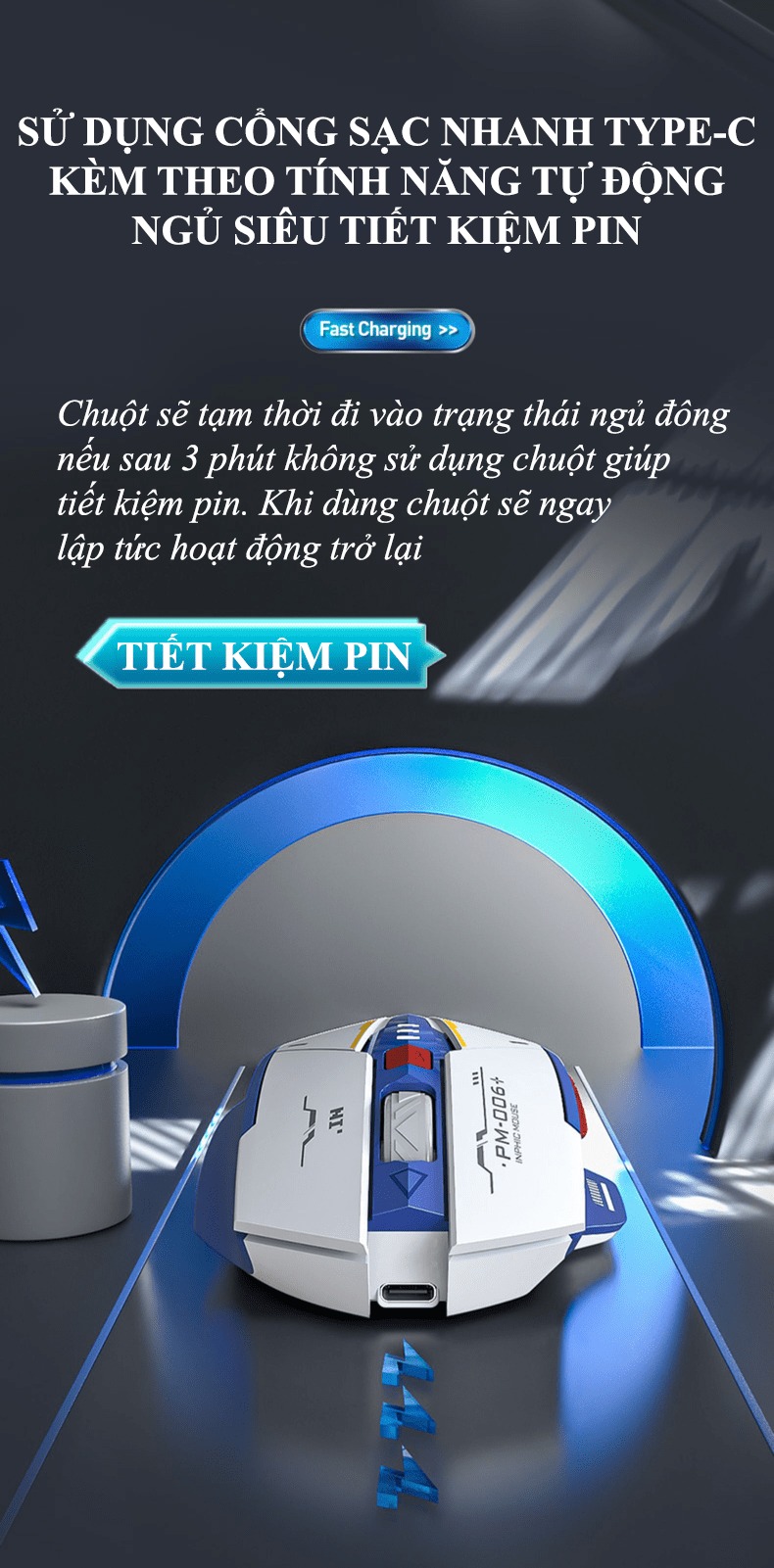 Chuột không dây INPHIC M6P ROBOT kết nối bằng chip USB 2.4GHz thiết kế cực ngầu có đèn led báo hiệu dung lượng pin - HÀNG CHÍNH HÃNG