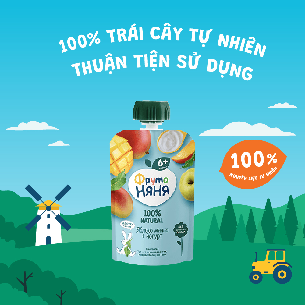 Combo 6 Gói Trái cây nghiền vị táo, xoài cùng sữa chua Fruto Nyanya 90g