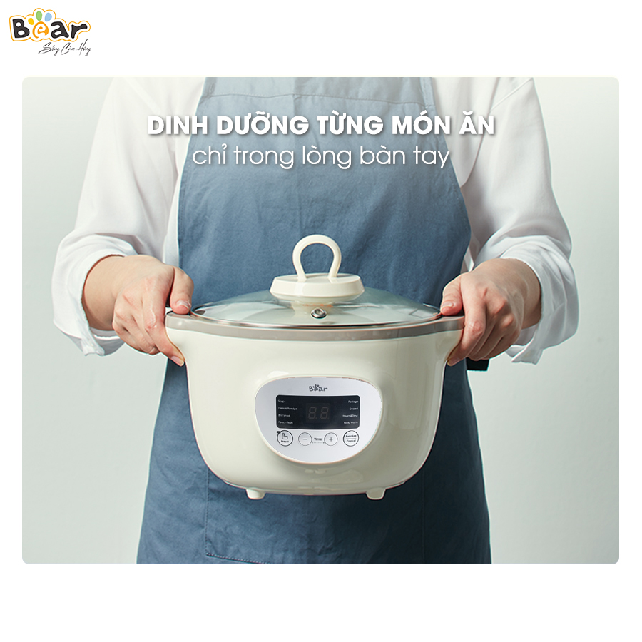 Nồi nấu chậm Bear SUBE002 1,6L màu nâu với 7 chức năng cho các hoạt động: Nấu, hấp, hầm cách thủy, giữ 100% giá trị dinh dưỡng, ... có ruột nồi bằng sứ cao cấp