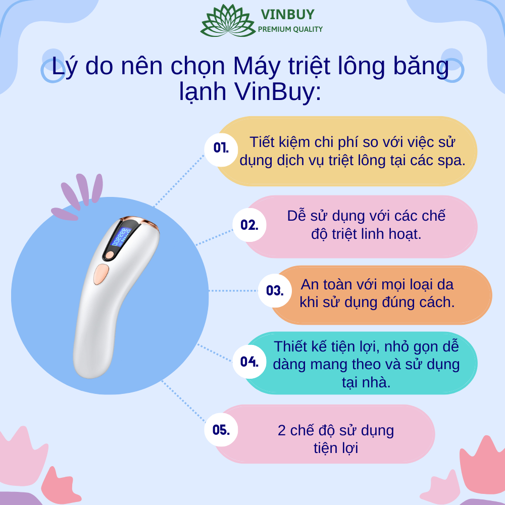 Máy triệt lông băng lạnh VinBuy 5 cấp độ – Công nghệ IPL tiên tiến – 2 chế độ thủ công và tự động