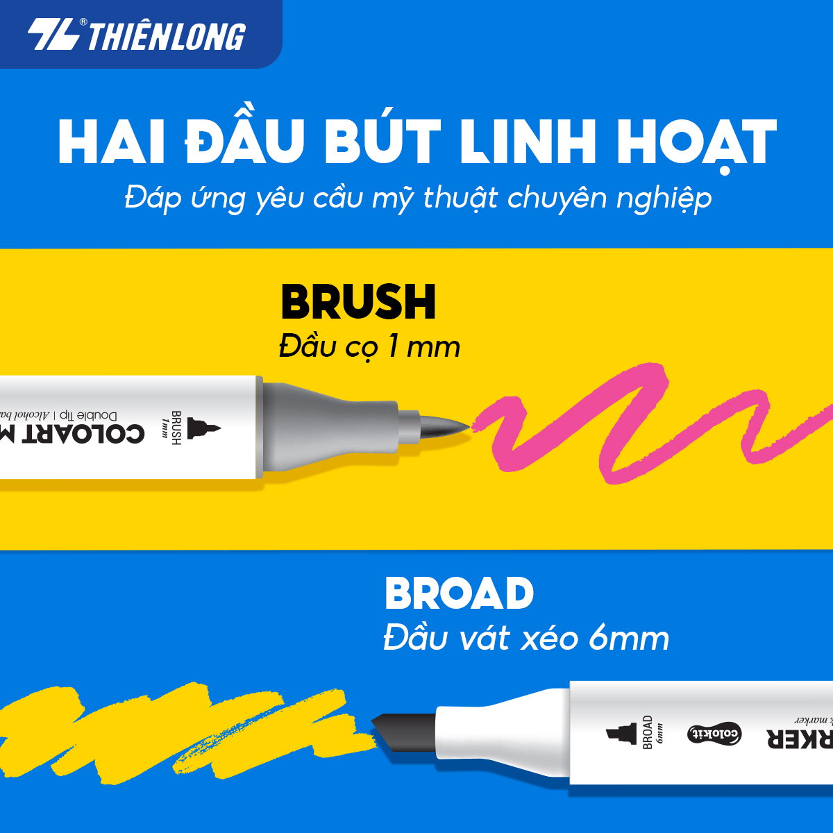 Bút dạ màu 2 đầu Art Marker Thiên Long Colokit - Bút dạ 12/24 màu, mực bền màu, mau khô dùng vẽ tranh, calligraphy