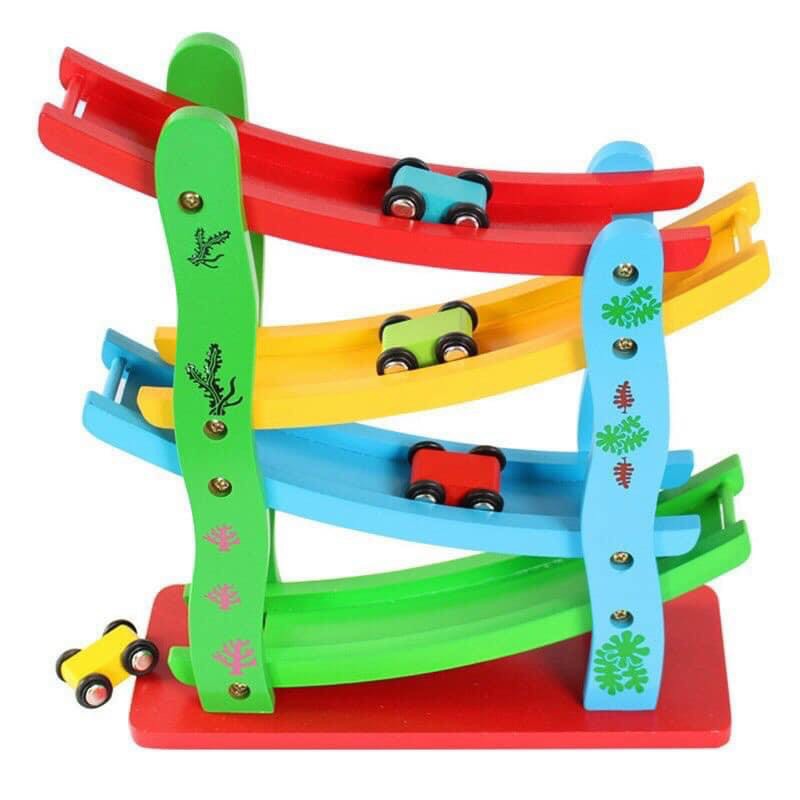 Cầu Trượt 4 Tầng Tặng Kèm 4 Xe Con Bằng Gỗ, Đồ Chơi Thông Minh An Toàn Cho Bé