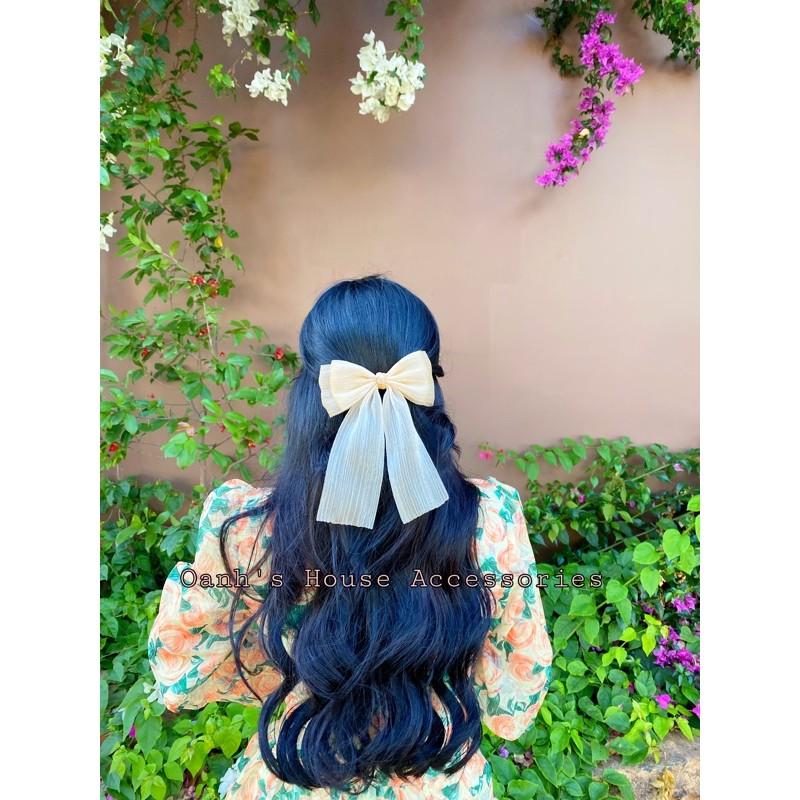 Kẹp nơ voan nhăn 2 tầng thắt nút