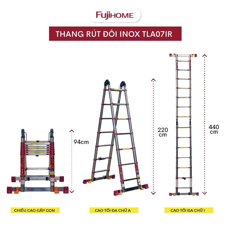 Thang inox FUJIHOME TLA09IR rút gọn chữ A nhập khẩu, Inox 316 độ cứng x5 chống cong võng, Chữ A 2.8m, Chữ I 5.6m