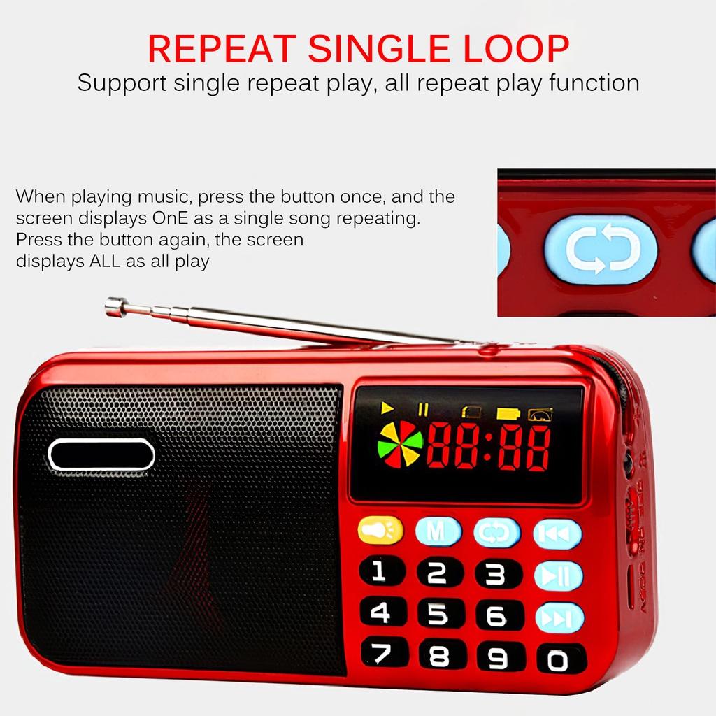 Portable Radio Player Black and Red Color Audio Player FM Digital Player 4000mAh USB Rechargeable Broadcast ELEN