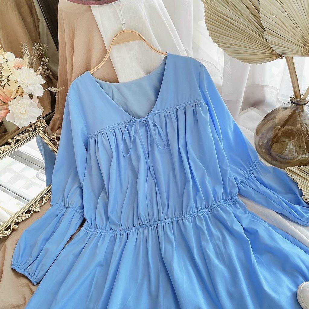 Đầm Babydoll Xanh Cổ V Thắt Nơ Xếp Ly Thân - Hậu Nguyễn Store