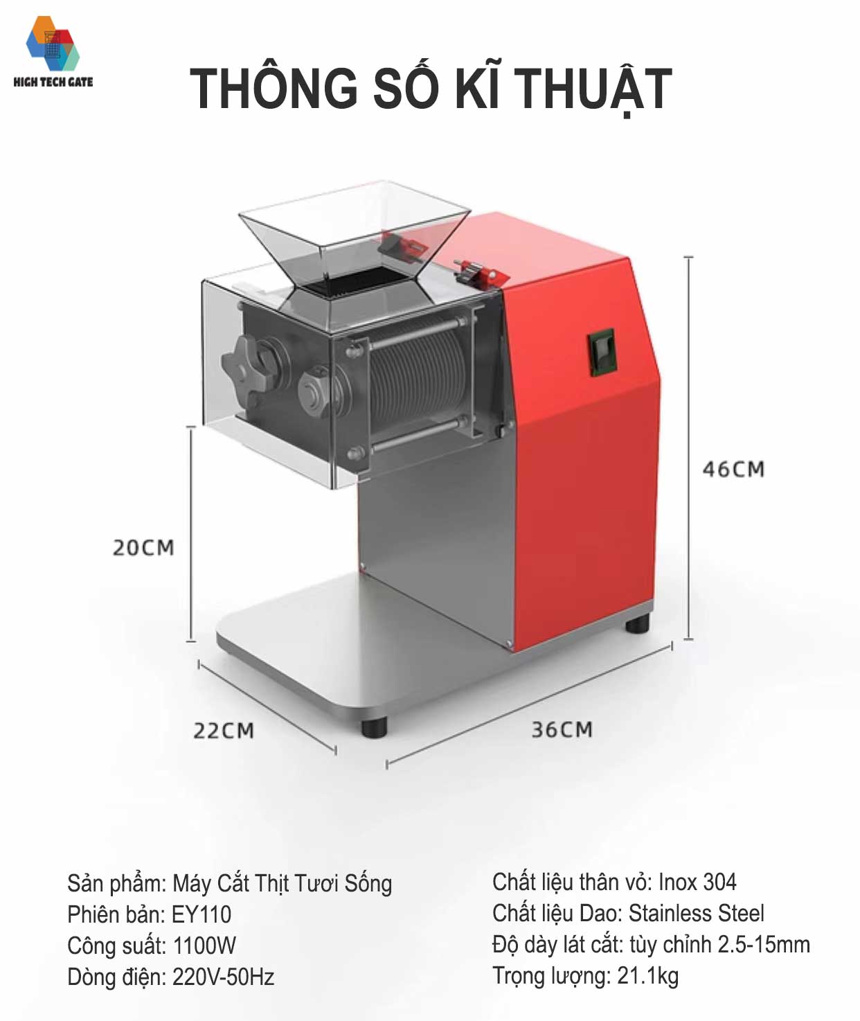 Máy thái thịt tươi sống Inox EY110 công suất 1100W, bộ dao tháo rời, trực tiếp kiểm soát đơn giản, thịt phở bò, nướng, bún chả, thực phẩm