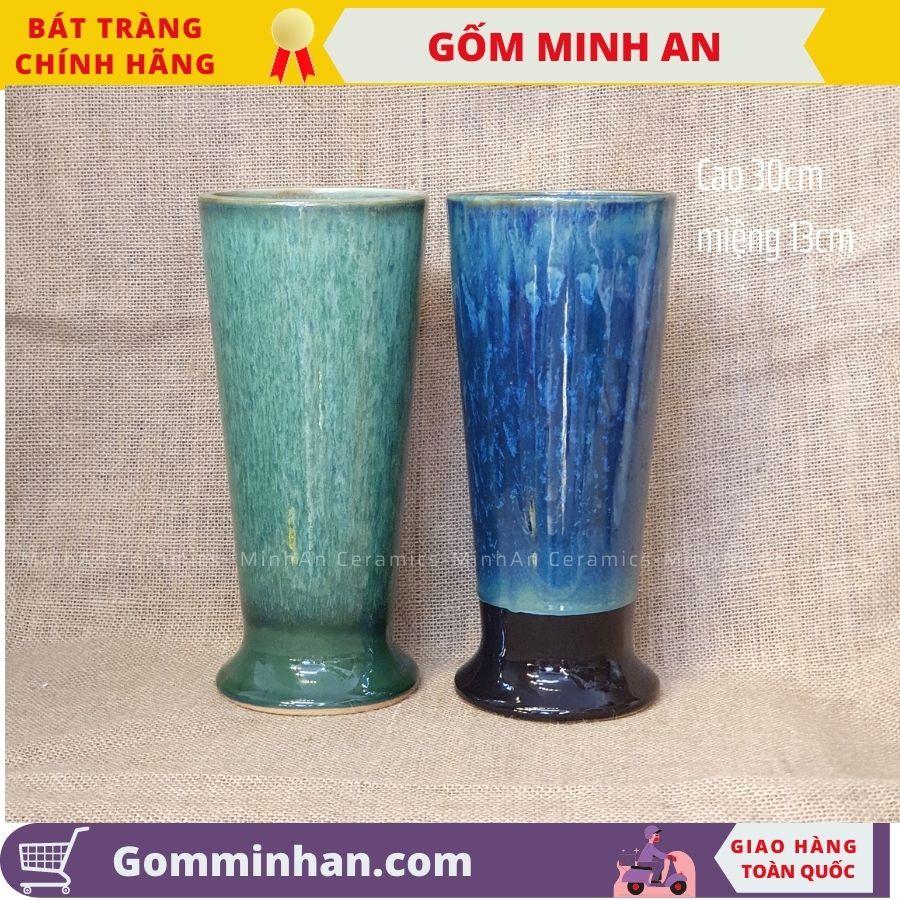 Bình Hoa Lọ Hoa Màu Xanh Dáng Cao Miệng Rộng Men Hỏa Biến Xanh Ngọc- Gốm Sứ Bát Tràng- Gốm Minh An