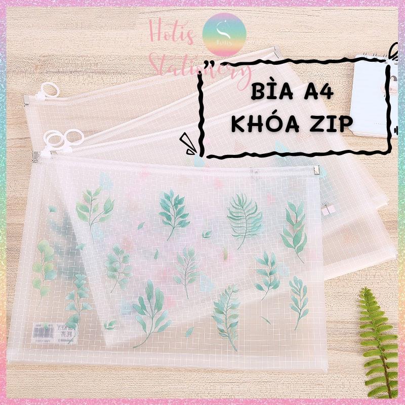 Bìa đựng tài liệu A4 khóa zip kẻ sọc caro trong suốt có in hình hoa lá