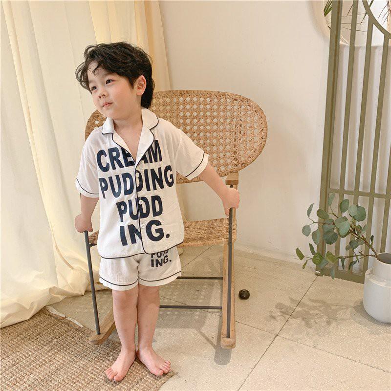 Bộ ngủ lụa cộc tay cho bé, bộ ngủ pijama cộc tay in chữ cho bé từ 6-27kg