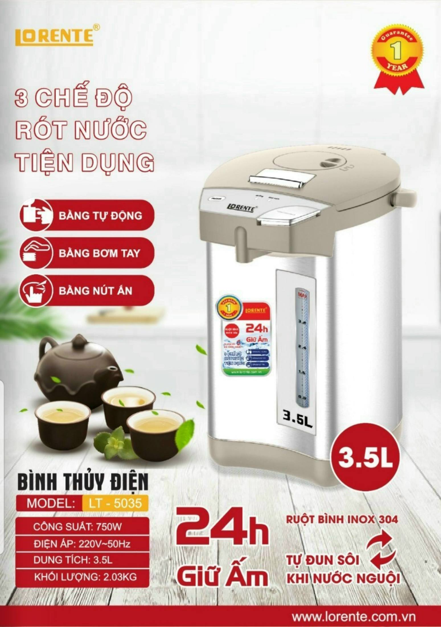 Bình Thủy Điện Lorente LT-5035 750W dung tích 3.5L Bình giữ nhiệt chế độ tự động ngắt, đun an toàn, ruột inox- Hàng Chính Hãng