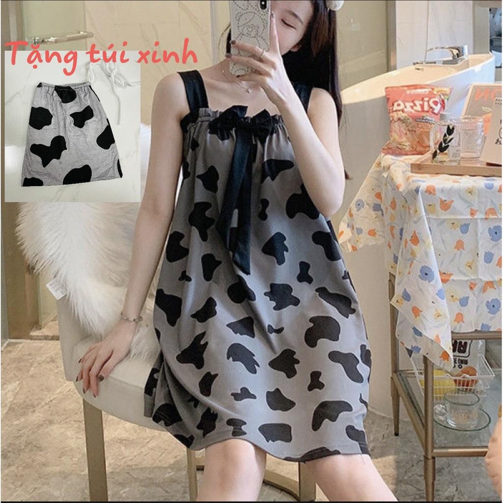 Váy Ngủ 2 dây Bò Sữa chất cotton mềm mát - Đầm mặc nhà kute dễ thương V291