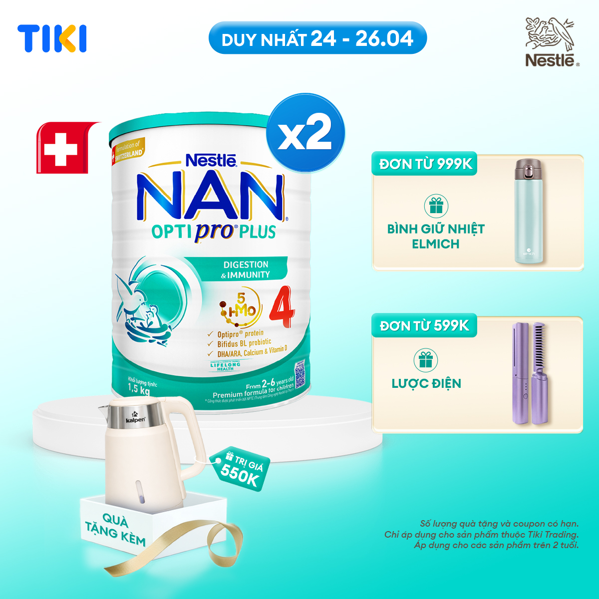 Bộ 2 Lon Sữa bột Nestlé NAN OPTIPRO PLUS 4 1500g/lon với 5HMO giúp tiêu hóa tốt + Tăng cường đề kháng (Bé 2-6 tuổi) - Tặng Ấm đun siêu tốc Kalpen