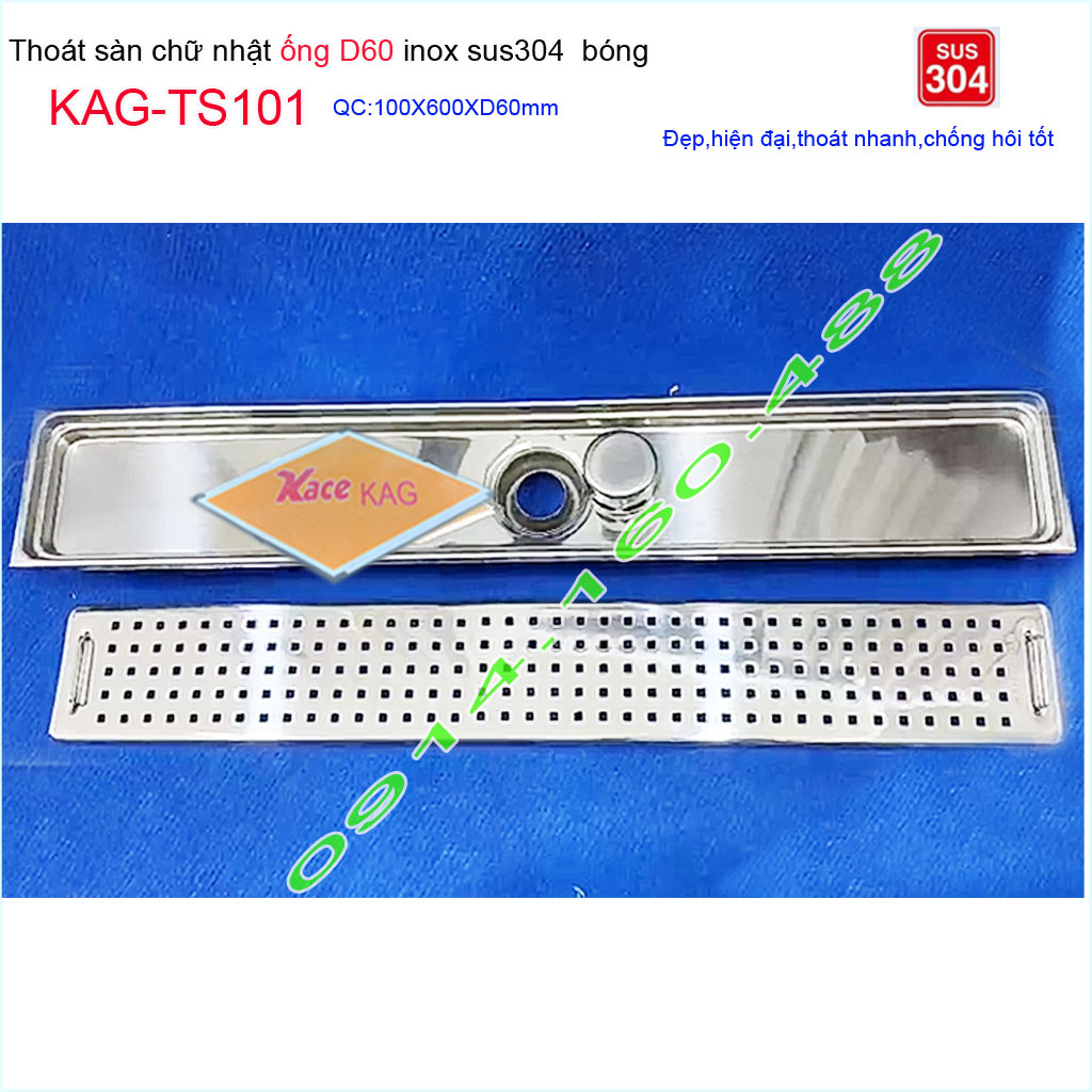 Phễu thoát sàn 10x60 cm KAG-TS101 , thoát sàn nhà tắm hình chữ nhật Inox SUS304 mặt caro cao cấp thoát nhanh chống hôi chặn tóc tốt