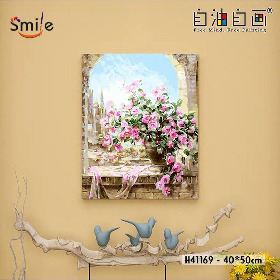 Tranh sơn dầu số hóa tự tô màu cao cấp Smile FMFP Bình hoa hồng bên cửa sổ H41169