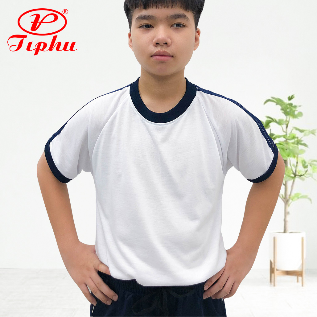 Áo thun thể dục bé trai, 3 sọc vai, cổ tròn và cổ bẻ, co giãn dễ vận động, chất liệu cotton hút mồ hôi, size từ 20kg đến 95kg