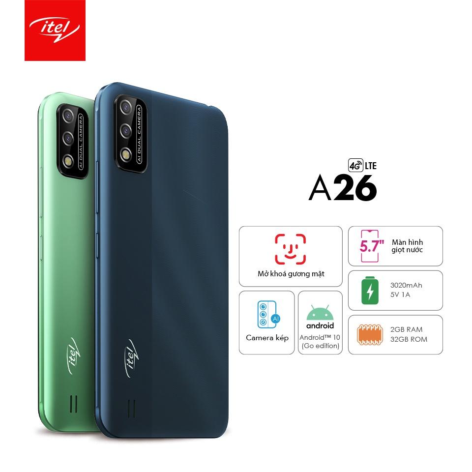 Điện thoại Smartphone iTel A26 (2GB/32GB) - Chụp Ảnh AI, Mở Khoá Bằng Khuôn Mặt  - Hàng Chính Hãng