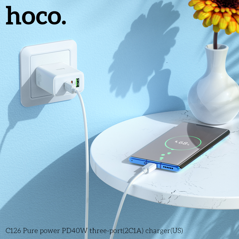 Bộ sạc nhanh PD 40W Type-C dùng cho IpX/11/12/13/14/15 Hoco Mall C126 1 cổng USB + 2 Cổng Type-C, QC3.0, chân dẹt dài 1m hàng chính hãng