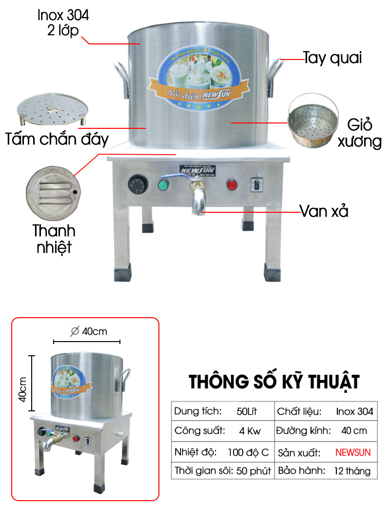 Nồi Nấu Phở Điện Liền Nồi NEWSUN 50L