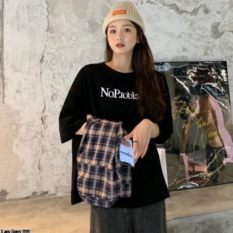Áo cotton nữ nam unisex thun tay lỡ sweater ulzzang phông đen cotton oversize form rộng in hình cool ngầu NO PROBLEM
