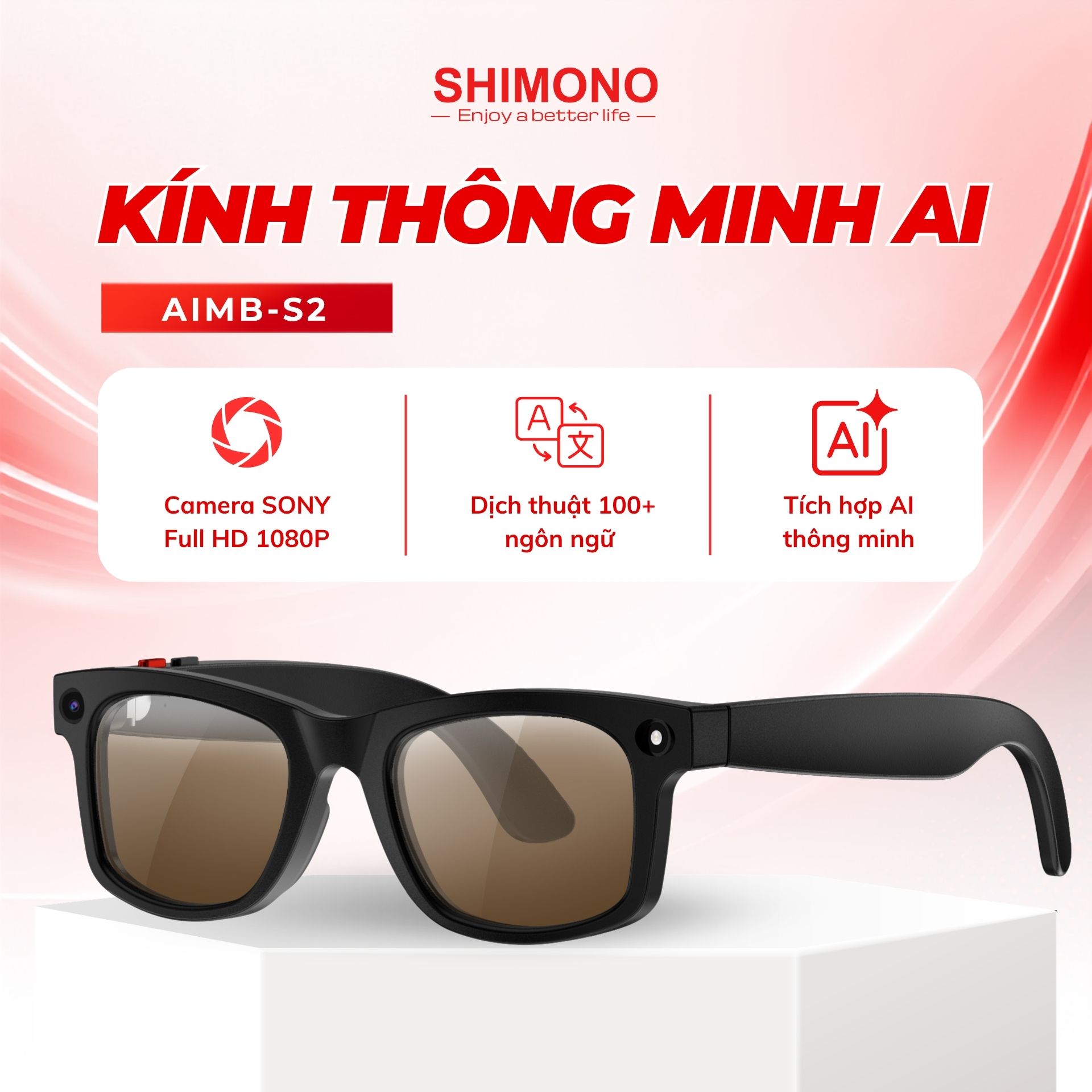Kính Thông Minh AI Dịch Thuật SHIMONO AIMB-S2 Max Trợ lý AI, Bluetooth Đàm Thoại, Camera 5MP Sắc Nét Hàng Chính Hãng