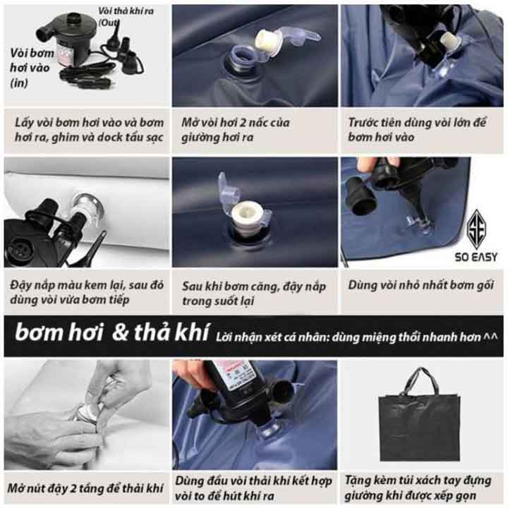 Đệm Hơi Nệm Hơi Lụa Trên Ô Tô Tặng Kèm 2 Gối Và Bơm 12V