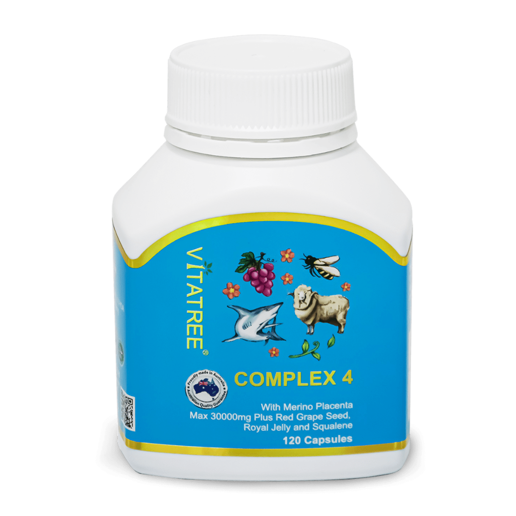 Viên uống kết hợp thành phần nhau thai cừu, sữa ong chúa, squalene và chiết xuất hạt nho Vitatree Complex 4 làm chậm quá trình lão hóa