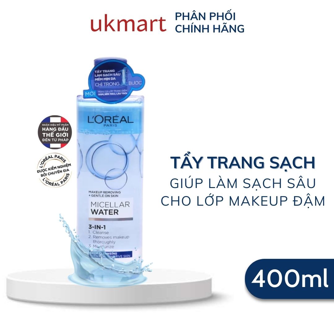 Nước Tẩy Trang Loreal Paris Cho Mọi Loại Da 3 - In - 1 Loreal Micellar Water Da Dầu Da Nhạy Cảm Da Khô - Sạch Sâu 400Ml - Xđậm