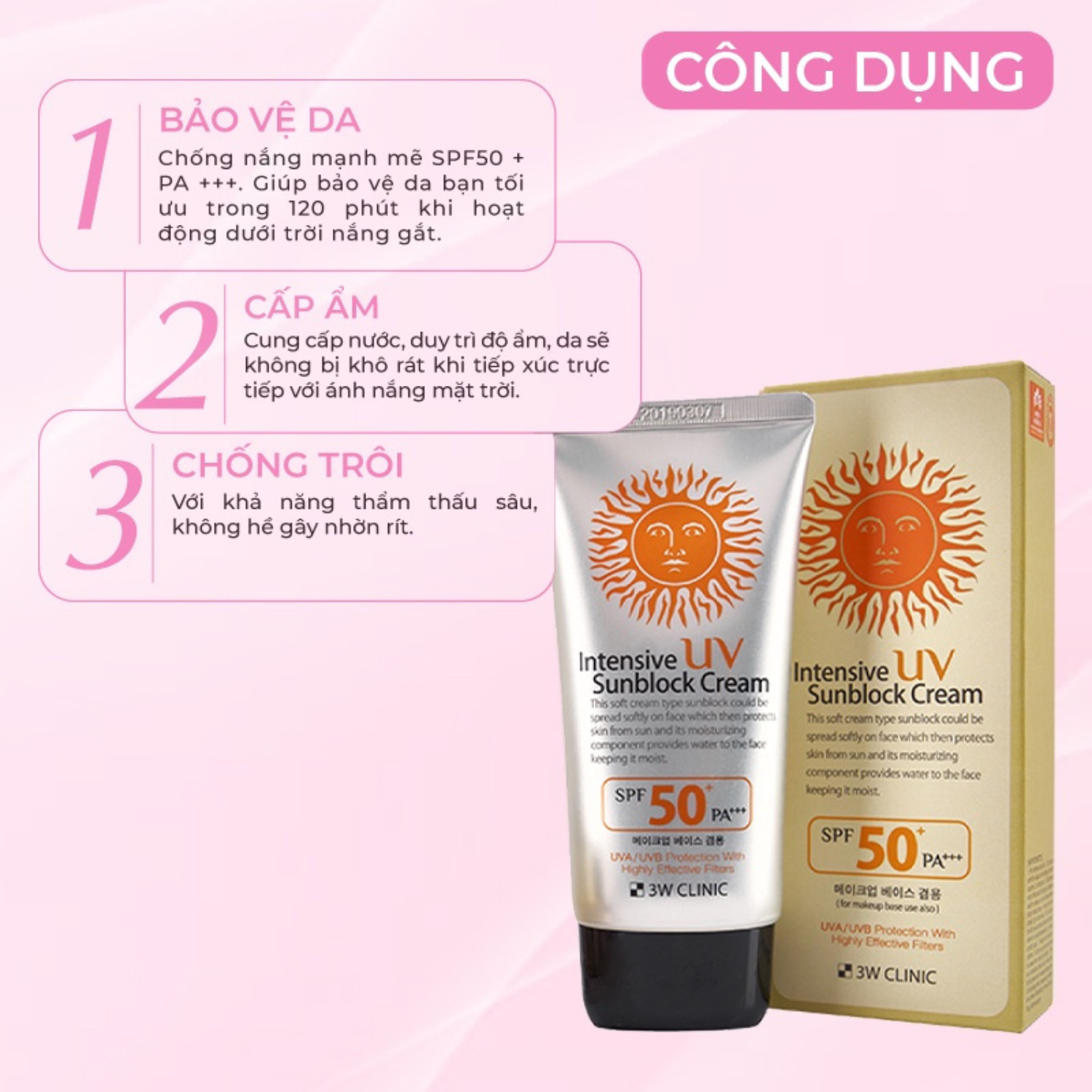 Kem Chống Nắng 3W Clinic Sunblock Cream SPF 50+ PA+++ Giúp Bảo Vệ Da Tối Ưu UV 70 ml