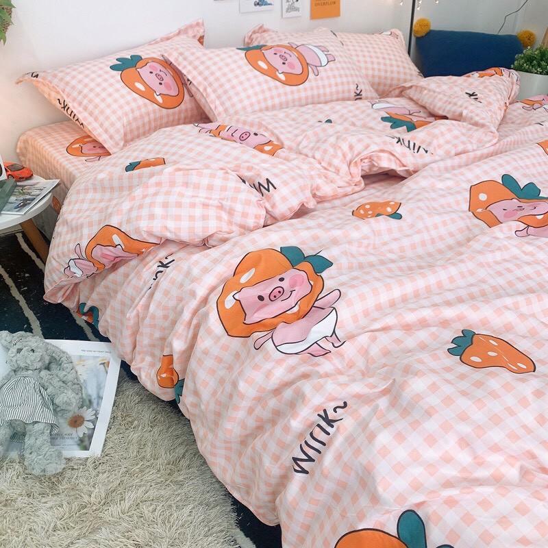 Bộ chăn ga Cotton Poly họa tiết kẻ caro bé heo - phong cách Hàn Quốc