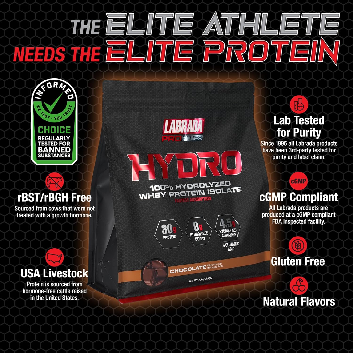 Labrada Pro Series HYDRO, 100% Whey Protein Hydrolyzed, 30g Protein, 6g BCAA, 4.5g Glutamine | Made in USA