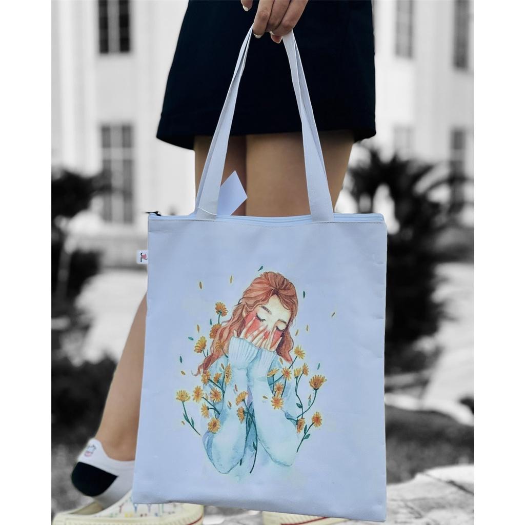 Túi Tote, Canvas TL Đựng Vừa A4, Đi Học Đi Chơi Đều Được, Có Khóa Đeo Vai Phong Cách