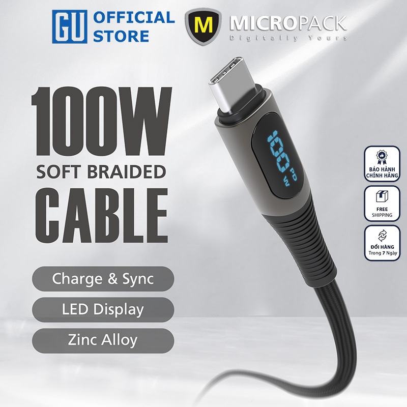Cáp Sạc MicroPack POWER LINK C2 MC-C100 Soft Braided Sạc Nhanh 100W USB-C to C Bện Dù Đèn Led Hiển Thị Công Suất Sạc Hàng Chính Hãng