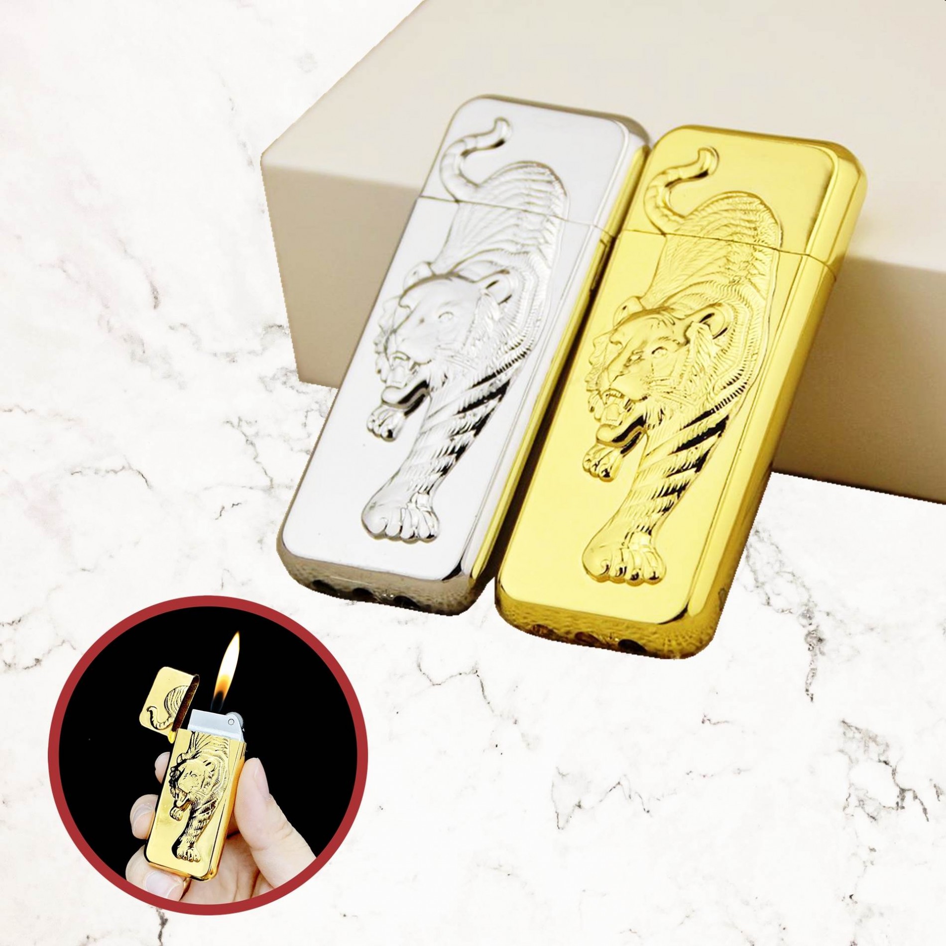 Hột Quẹt Gaz Đá Hình Cọp Vàng Cọp Bạc - Xài ga