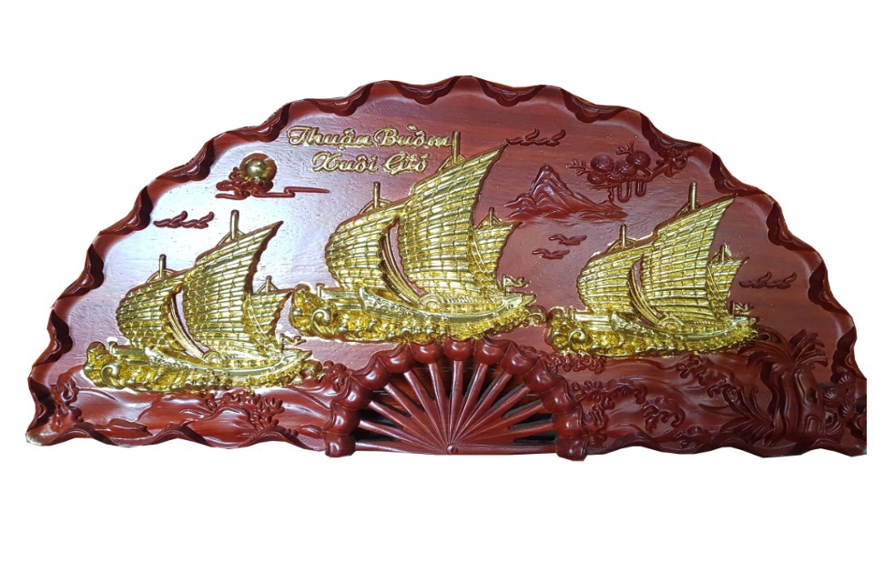 Tranh quạt gỗ thuận buồm xuôi gió - gỗ hương đỏ