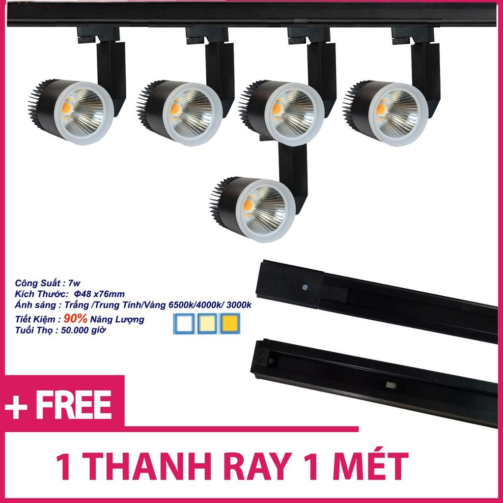Bộ 5 Đèn Led Rọi Ray COB 7w Vỏ Đen Và 2 Thanh Ray