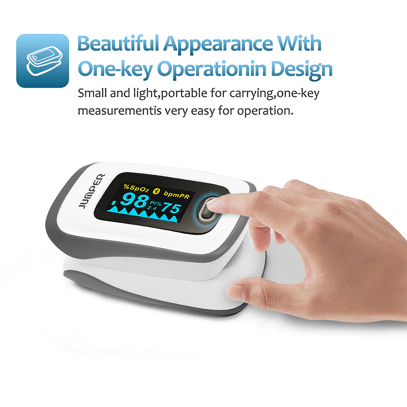 Máy đo nồng độ oxy máu và nhịp tim,chỉ số PI Jumper 500F (FDA Hoa Kỳ + xuất USA), Kết nối Bluetooth APP mobile, màn hình OLED