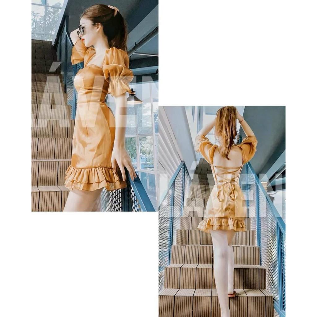 Đầm lụa satin tay phồng cổ vuông đan dây lưng, chân váy xếp ly xinh lung linh