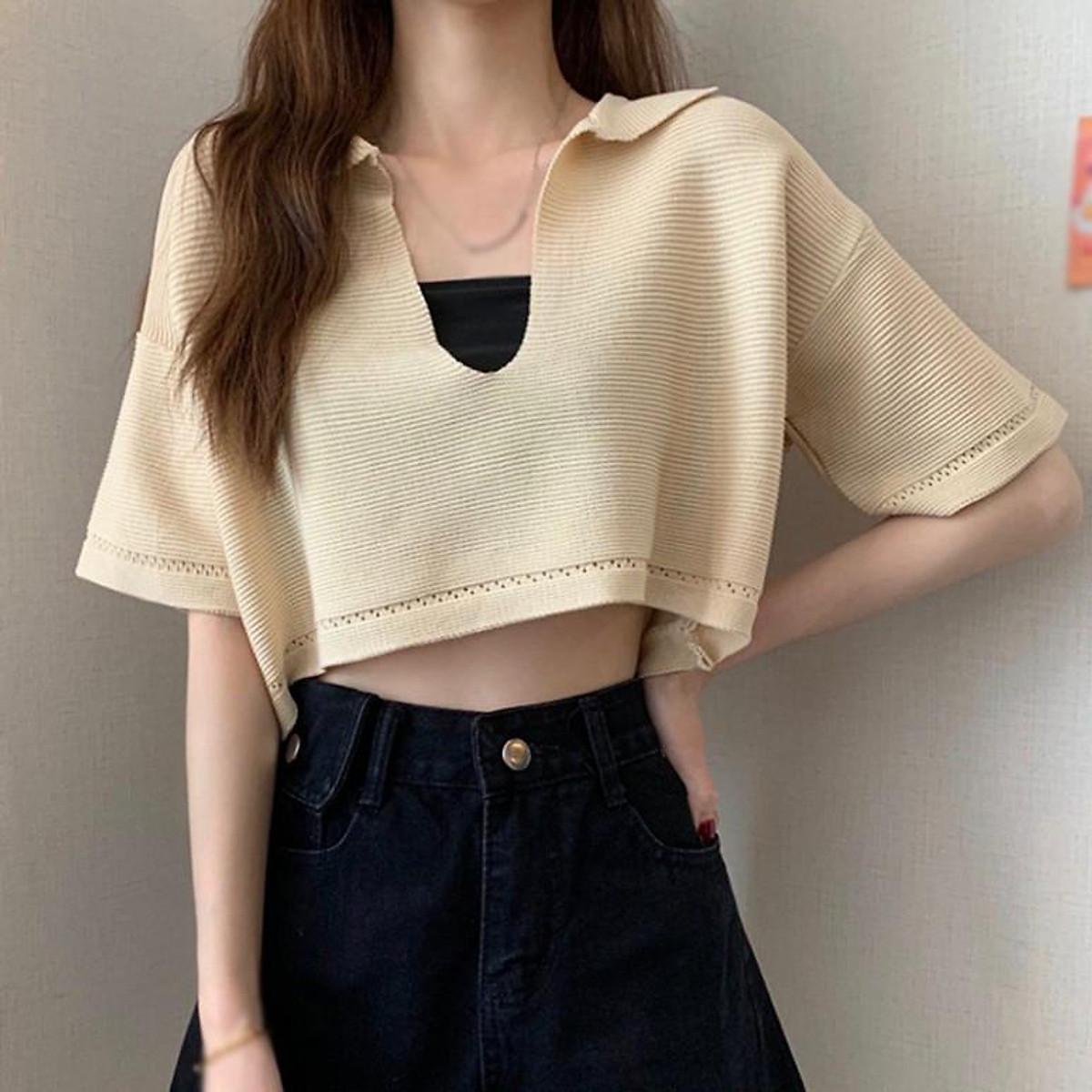 Áo Croptop Dệt Kim Tay Ngắn Thiết Kế Cổ Chữ V Quyến Rũ Xinh Xắn Cho Nữ - Hồng