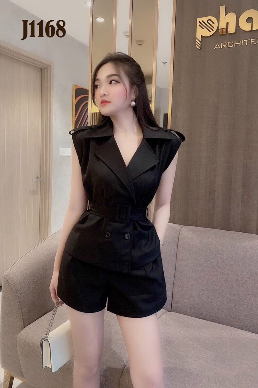 Sét nguyên bộ quần short lưng thun áo cổ vest kèm belt rời