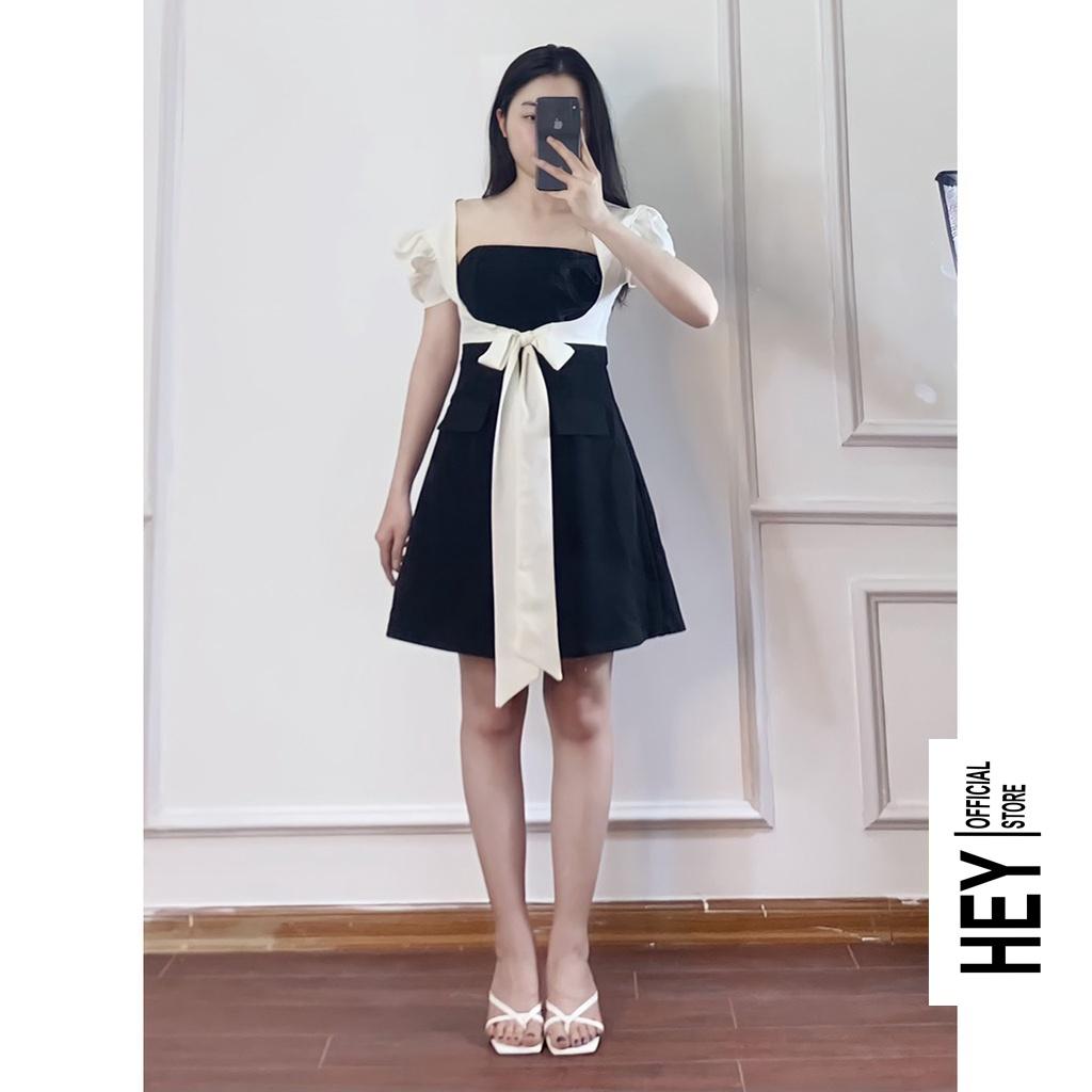 Đầm đen trắng thắt nơ dáng chữ A cá tính đủ size từ S đến XL - V91 - HEY OFFICAL