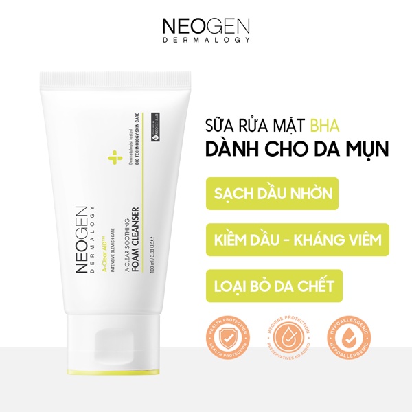 Sữa Rửa Mặt BHA Ngăn Ngừa Mụn và Giảm Nhờn Cho Da Neogen Dermalogy A-Clear Soothing Foam Cleanser 100ml + Tặng Kèm 1 Băng Đô Tai Mèo ( Màu Ngẫu Nhiên)