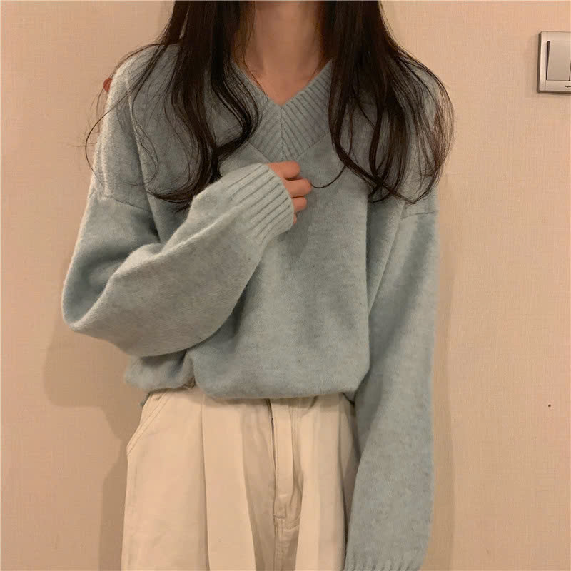 Áo len nữ Hàn Quốc form rộng dài tay cổ chữ V kiểu dáng basic len mềm mại