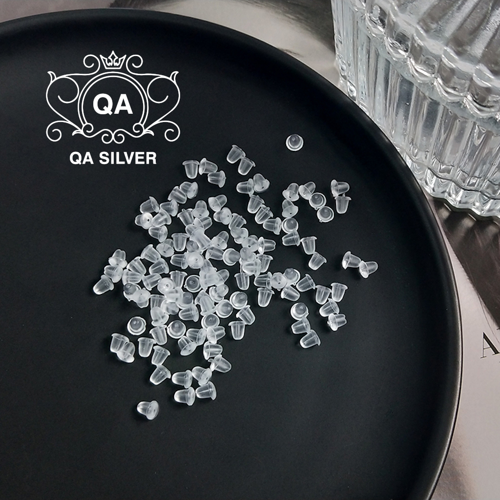 Chốt khuyên tai nhựa tròn trong suốt đế bông silicon cao su Bullet Earring Backs QA SILVER AC200604