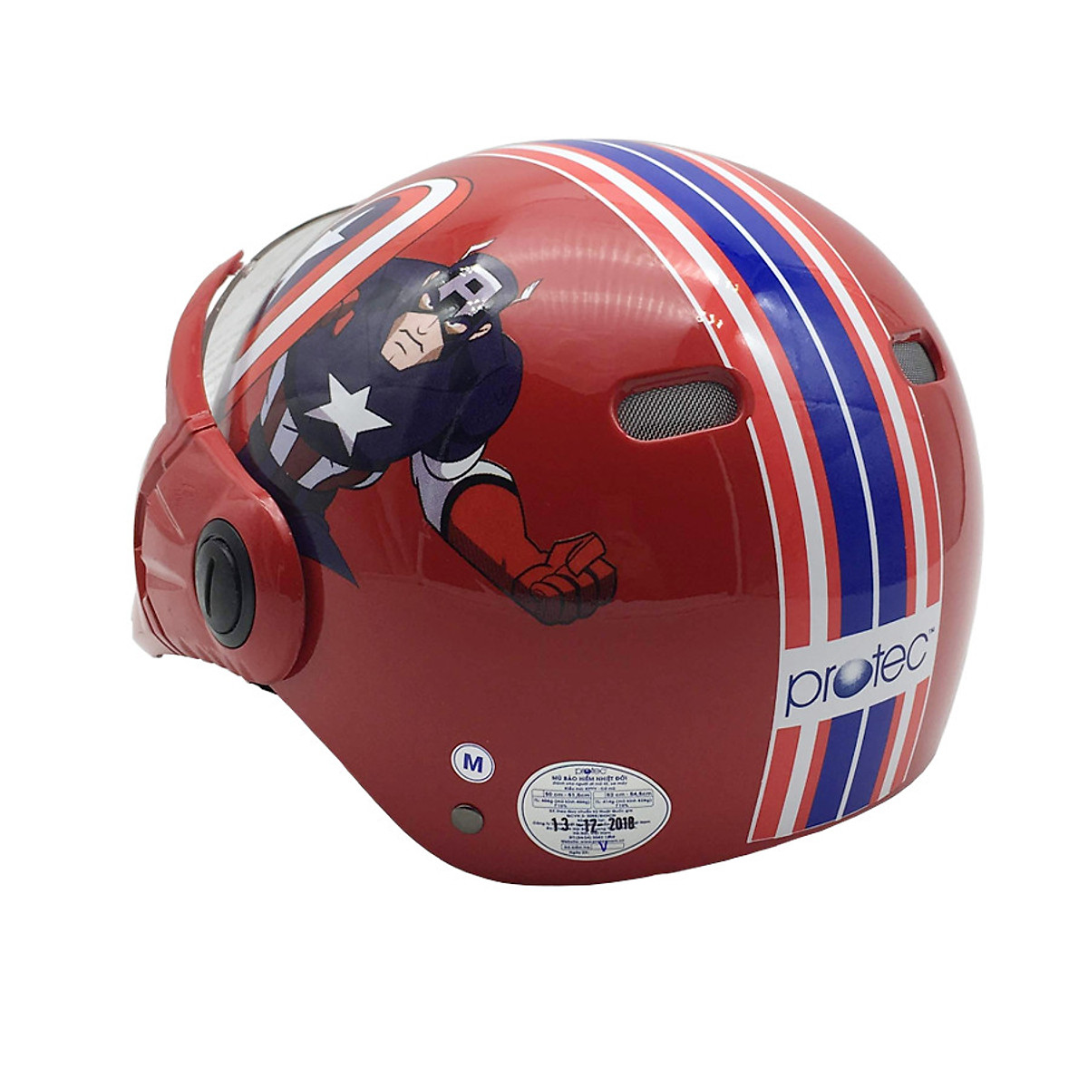 Mũ bảo hiểm trẻ em 1/2 đầu có kính Protec Kitty, họa tiết siêu anh hùng Captain American an toàn, thời trang cho bé trai